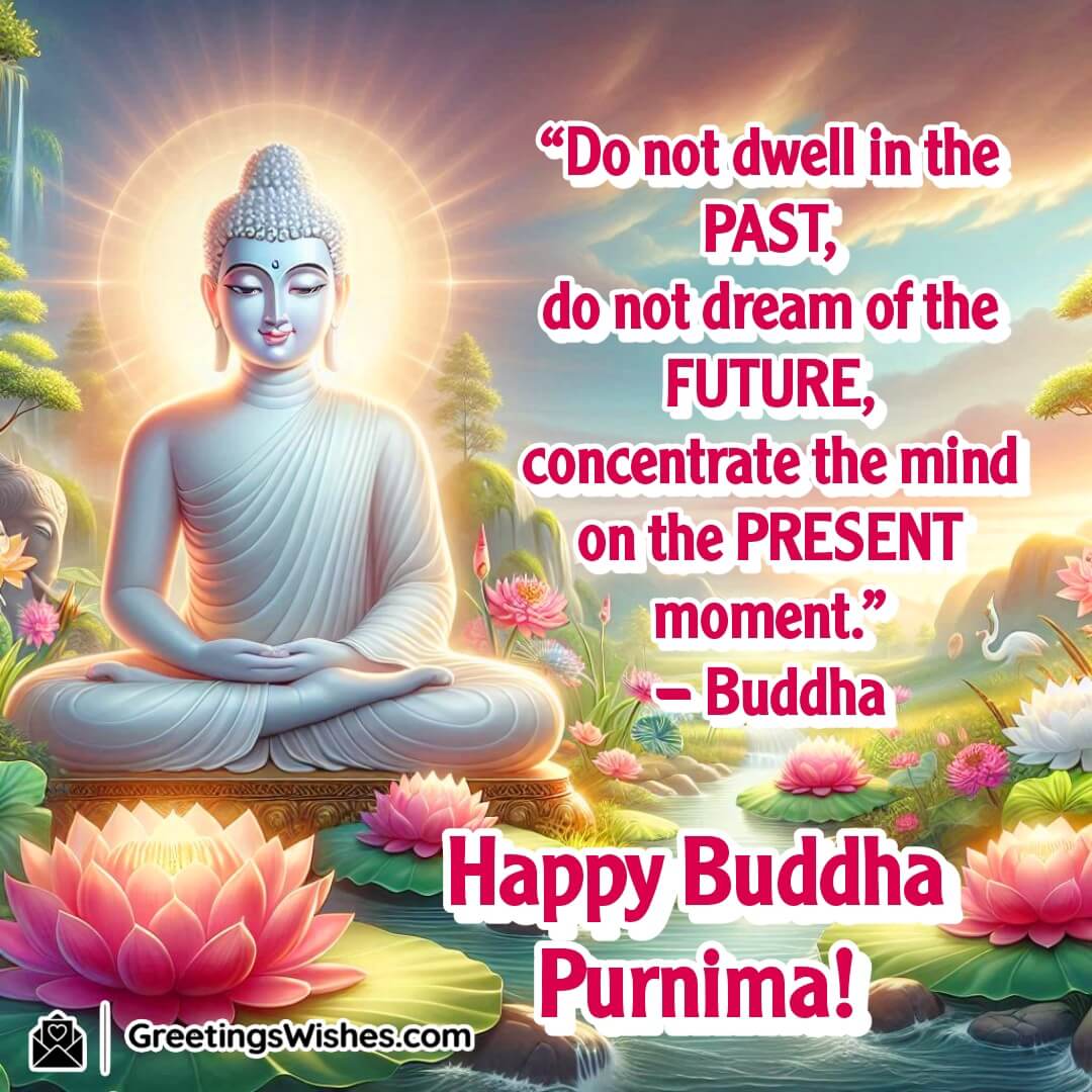 Buddha Purnima image showing a seated Buddha in meditation on a mountaintop, symbolizing mindfulness and the present moment.