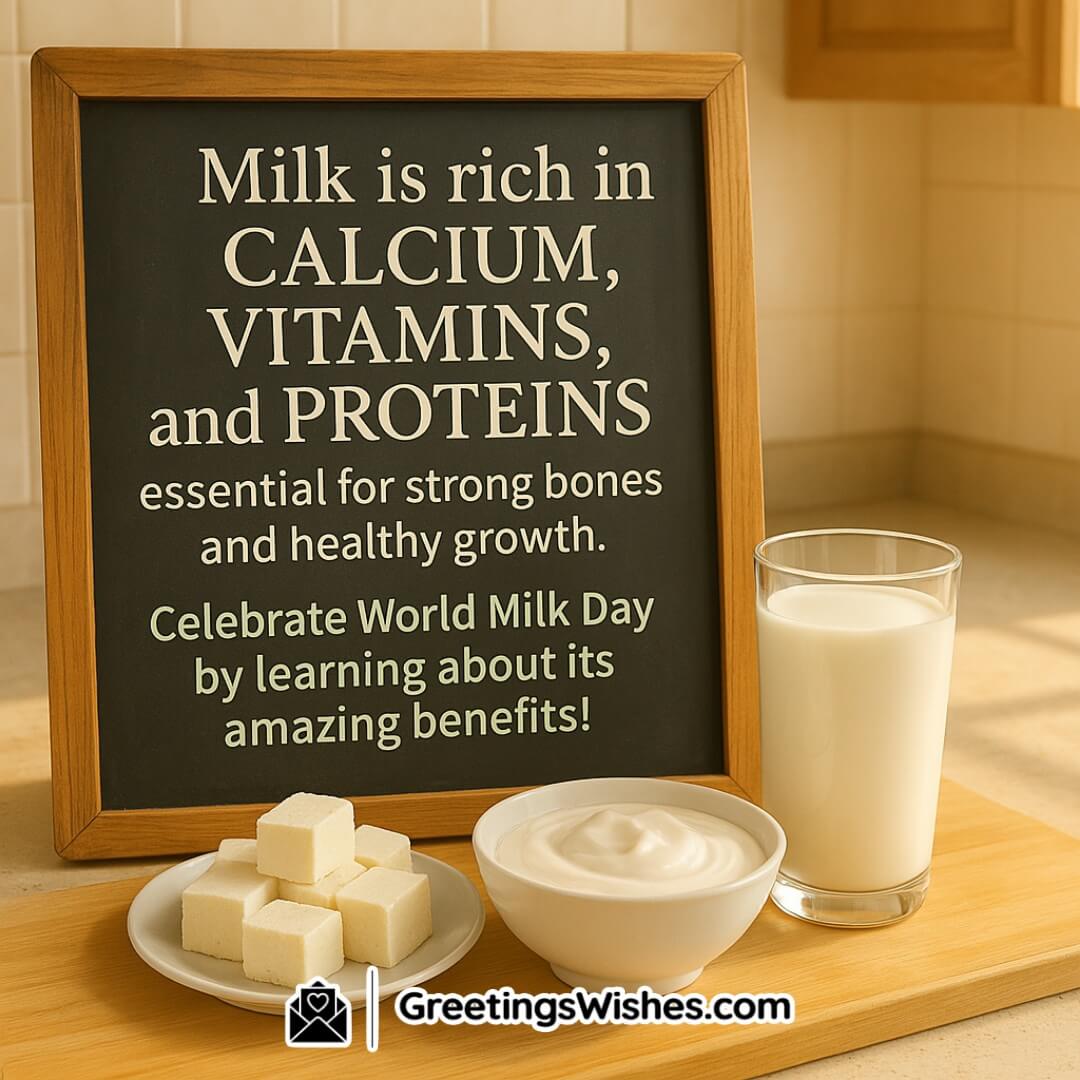 World Milk Day featuring dairy products beside a rustic chalkboard with health benefits text symbolizing nutrition and growth.