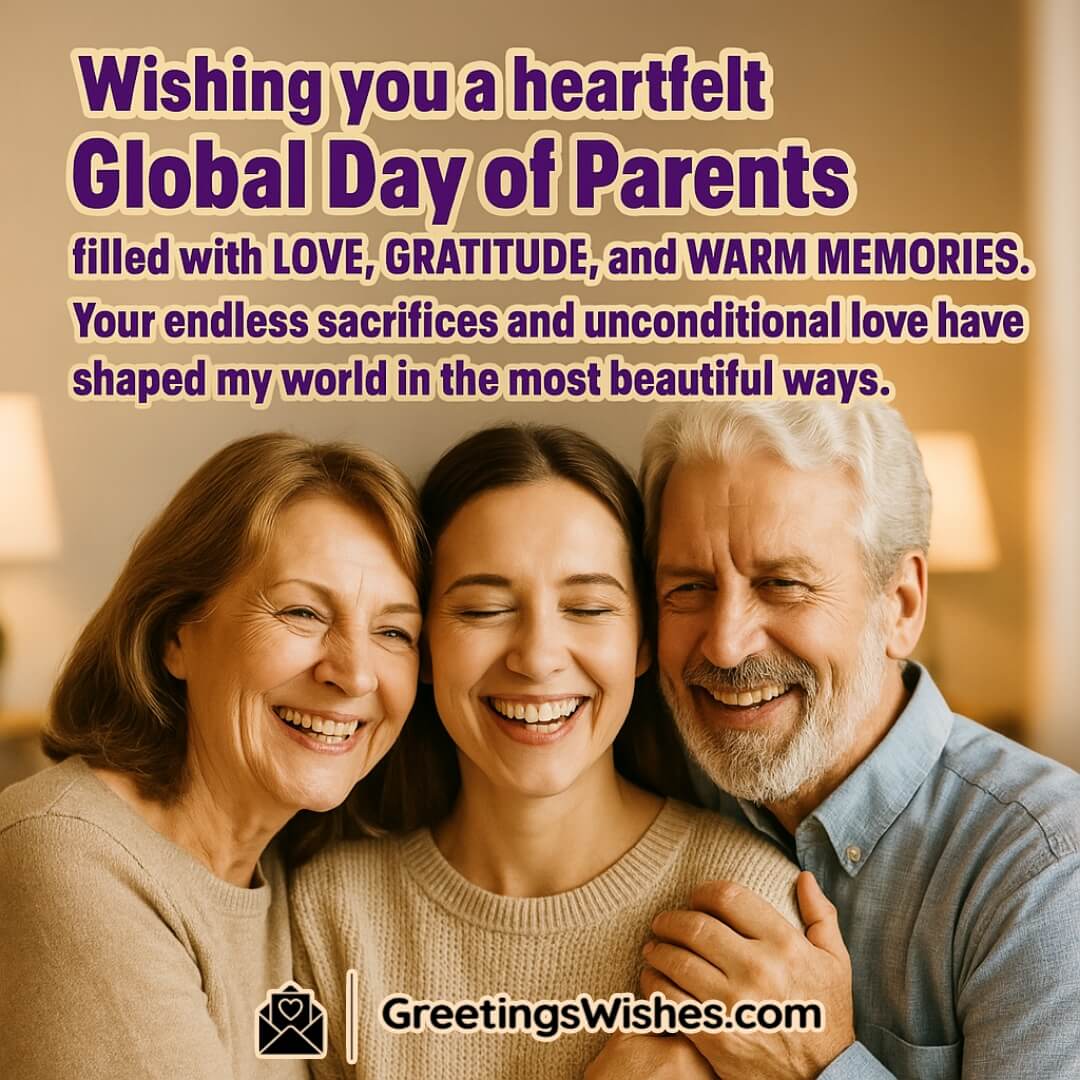 Global Day of Parents image featuring front-facing parents and their grown child embracing warmly in a cozy home, symbolizing love, gratitude, and cherished memories.