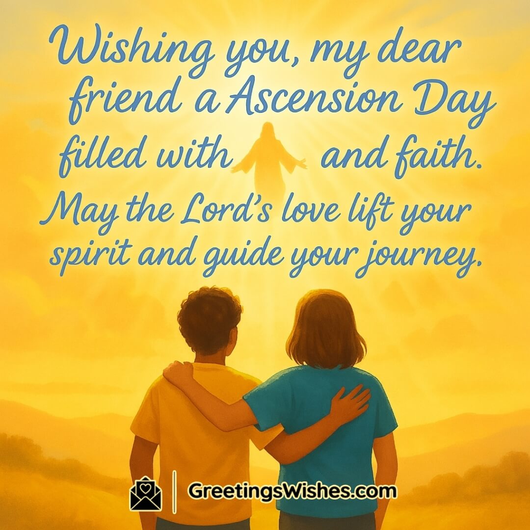 Ascension Day image showing two friends on a bright hilltop, gazing at Christ ascending into golden clouds with heavenly light shining down, symbolizing divine guidance, friendship, and spiritual upliftment.