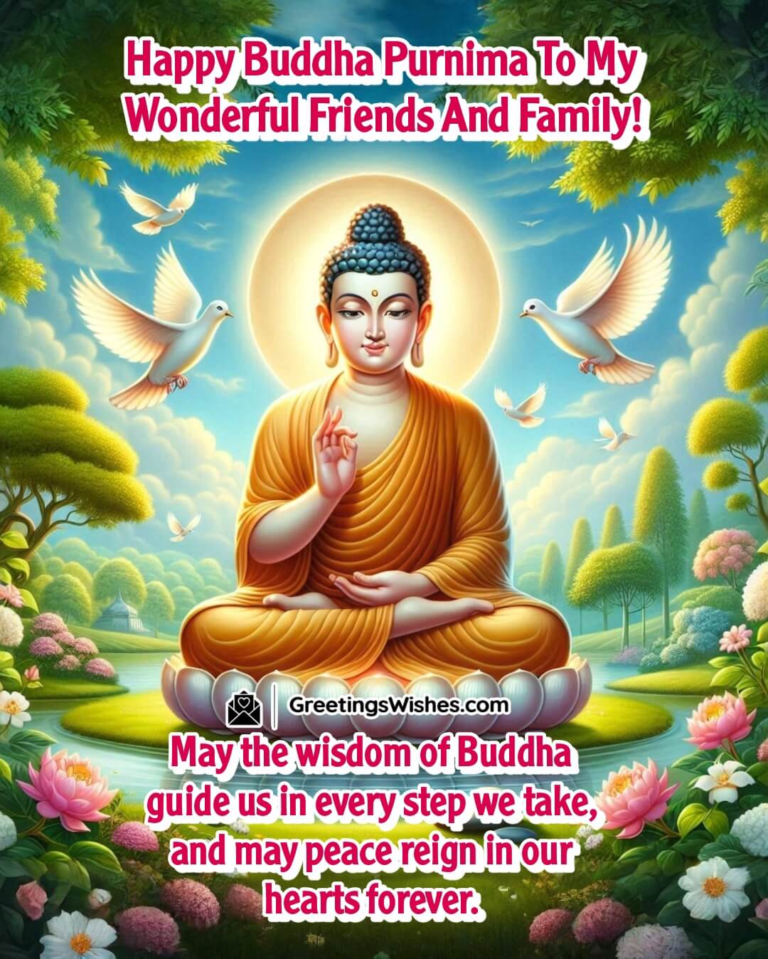 Buddha Purnima image showing a seated Buddha in a peaceful garden, symbolizing wisdom, peace, and harmony.