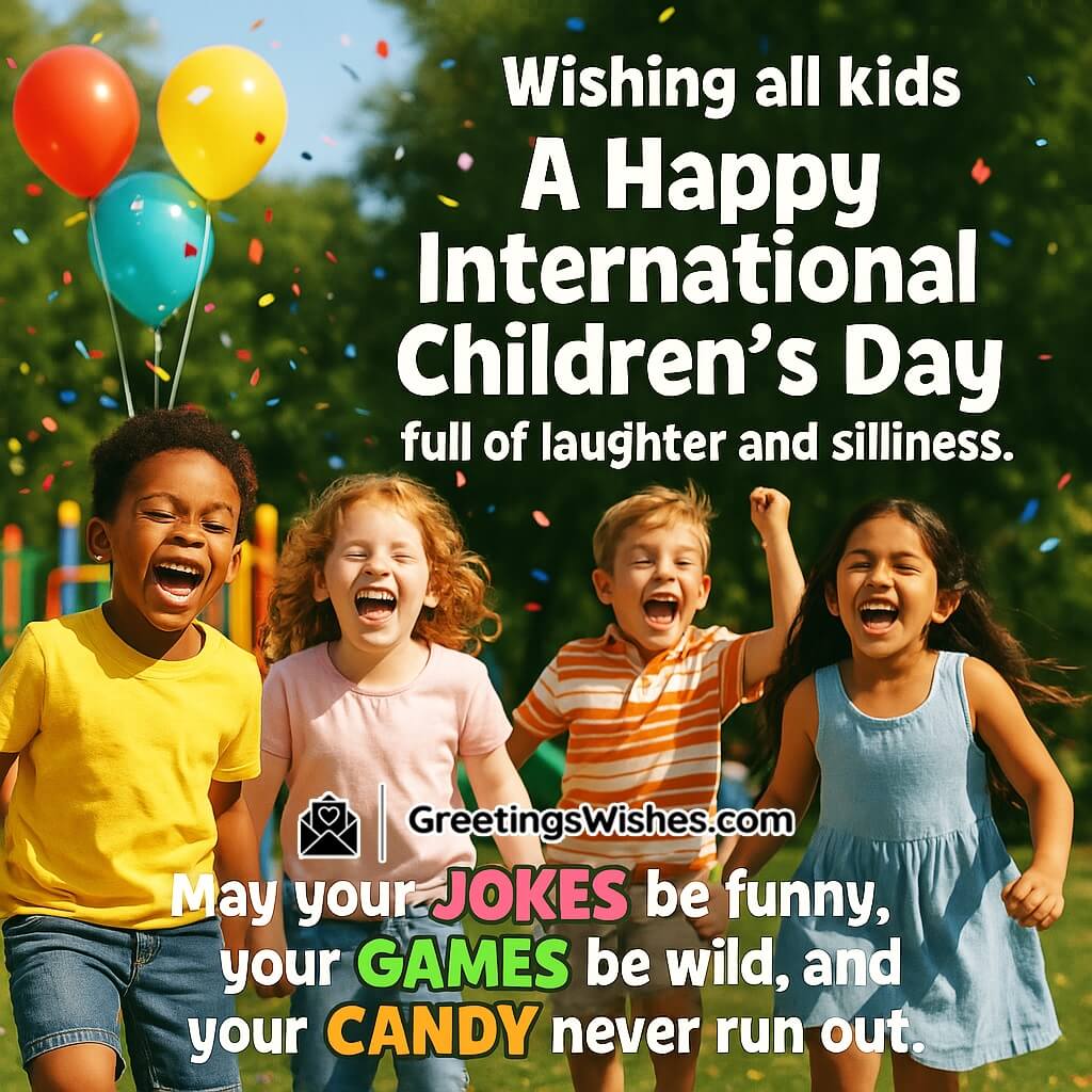 International Children’s Day featuring playful kids at a colorful park with bold, cheerful poster-style text celebrating laughter, games, and candy.