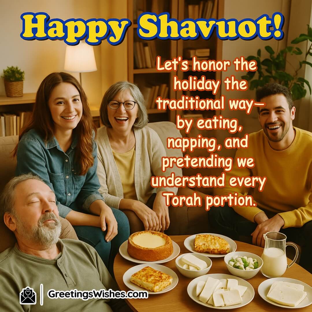 Shavuot image featuring a cheerful family gathered in a cozy living room around a table with traditional dairy foods, symbolizing joyful celebration, relaxation, and holiday humor.