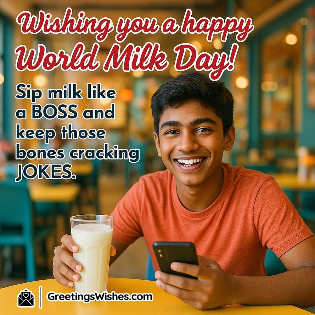 World Milk Day featuring a cheerful Indian teenager enjoying milk at a café, symbolizing strength, fun, and youthful energy.