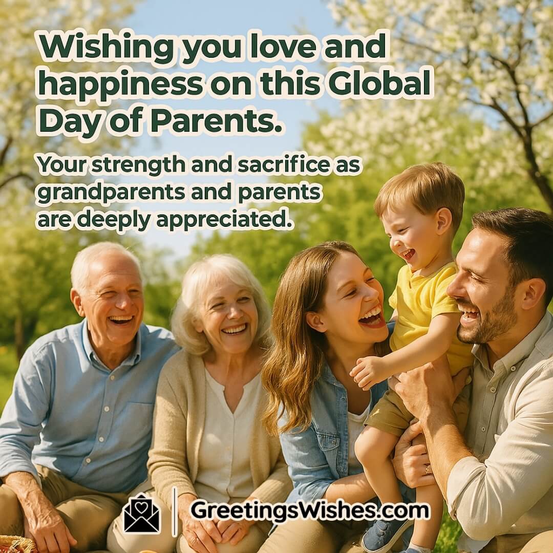 Global Day of Parents image featuring three generations enjoying a cheerful outdoor picnic, symbolizing appreciation for parents and grandparents.
