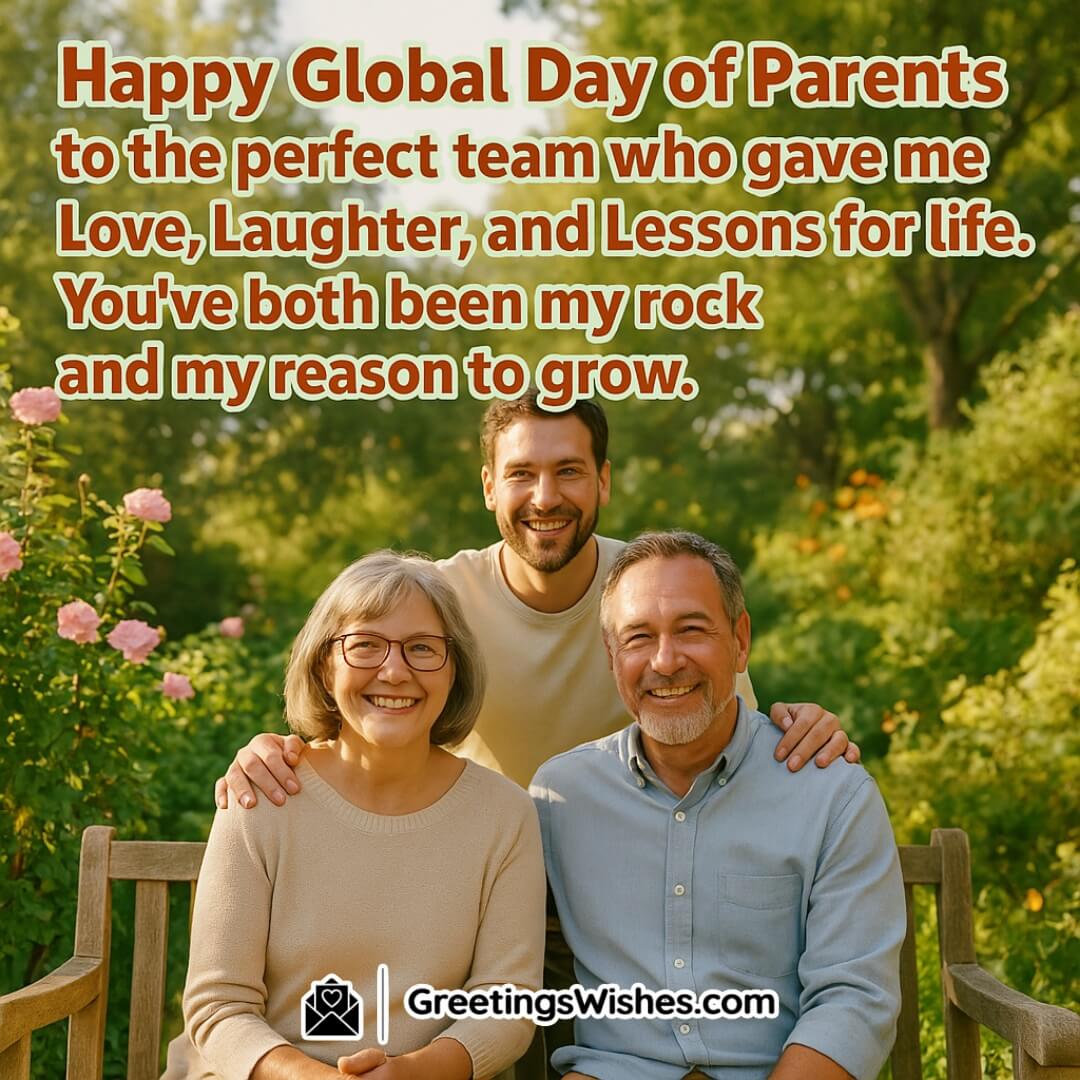 Global Day of Parents image featuring parents and grown child in a garden setting, symbolizing life lessons, love, and emotional growth.
