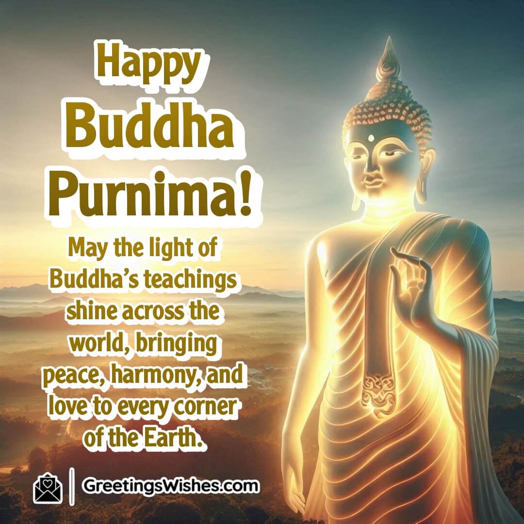 Buddha Purnima image showing a Buddha standing on a hilltop, symbolizing peace, harmony, and the global spread of Buddha’s teachings.