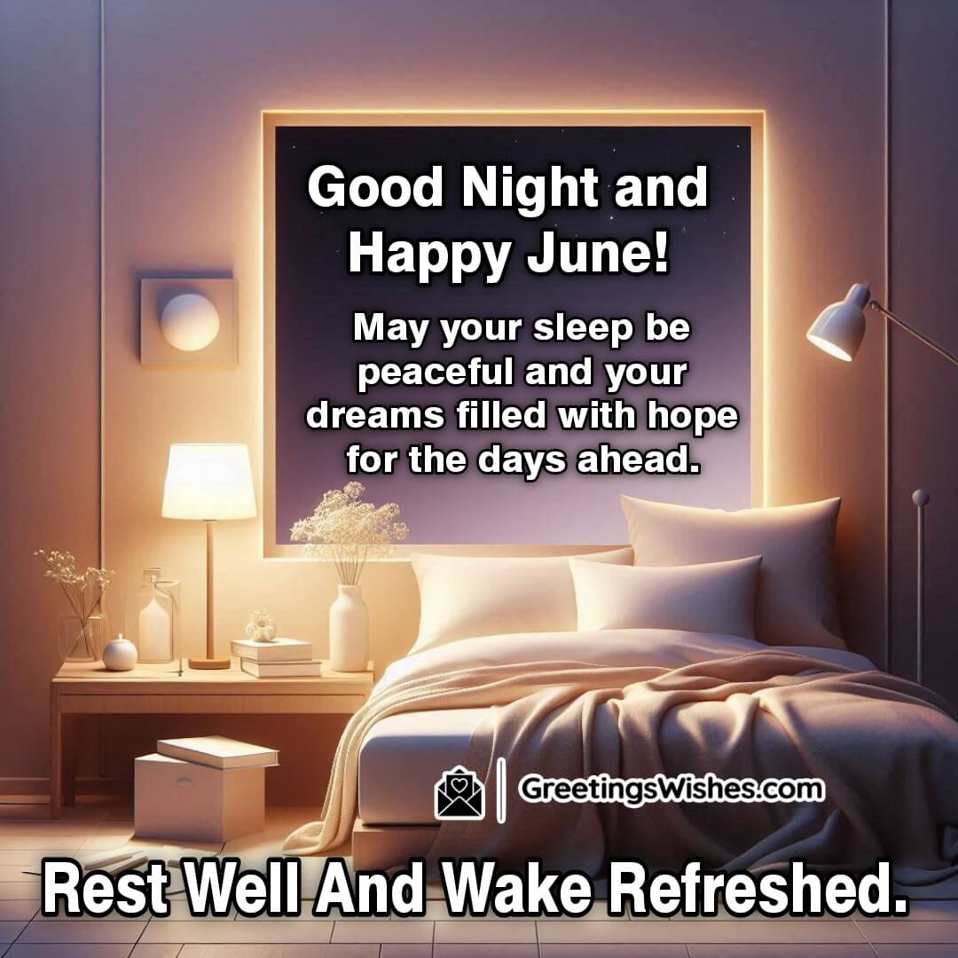 Good Night And Happy June featuring a serene bedroom at night with soft lighting, floral touches, and a peaceful window view, symbolizing restful dreams, new beginnings, and gentle joy.