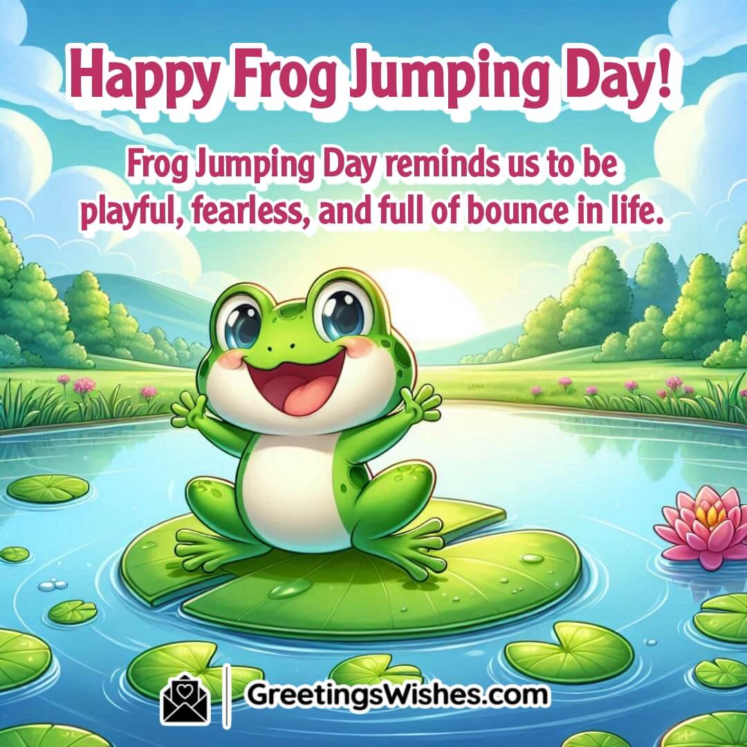 Frog Jumping Day celebration with a happy frog bouncing on a lily pad under a clear sky, symbolizing playfulness and joy.
