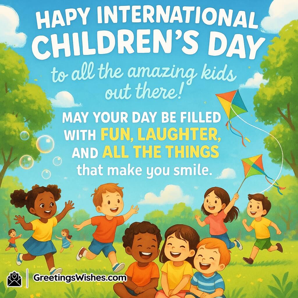 International Children’s Day featuring joyful kids playing in a sunny park with kites and bubbles symbolizing fun laughter and smiles