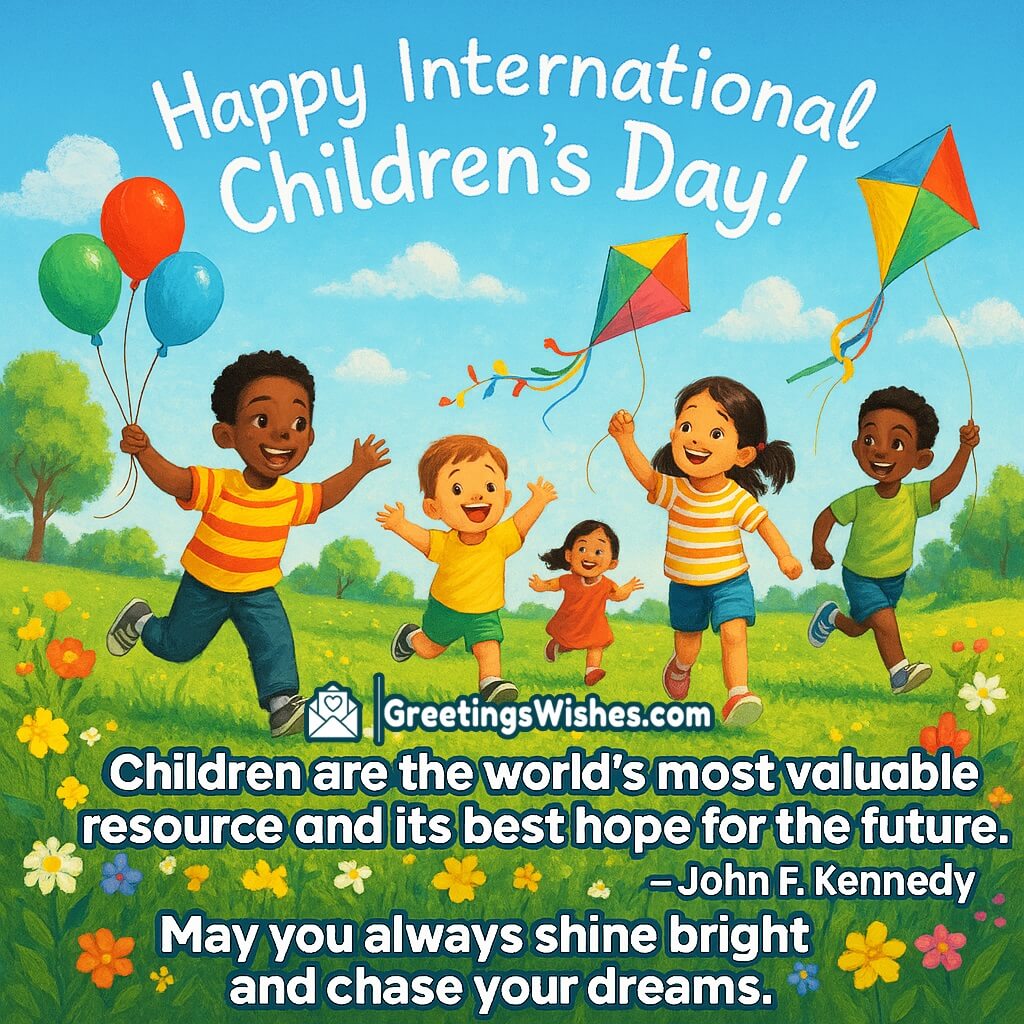 International Children’s Day featuring happy children playing in a sunny park with colorful kites and balloons symbolizing joy fun and celebration