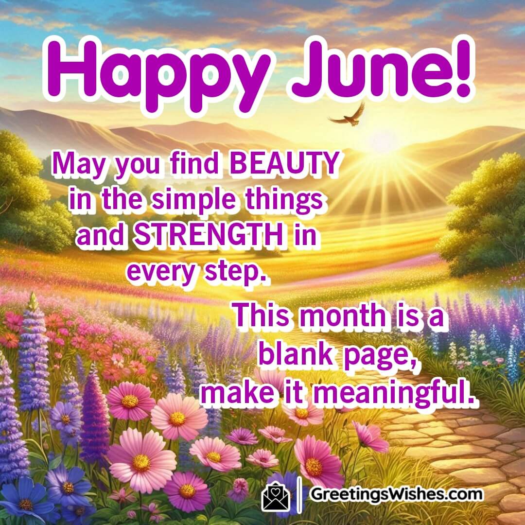 Happy June – realistic square image of a lush green meadow with colorful flowers, butterflies, and a cobblestone path symbolizing new beginnings and strength.