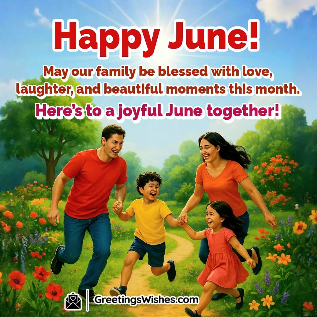 Happy June — a cheerful family enjoying a bright outdoor park scene, representing joyful togetherness and positive energy for the month.