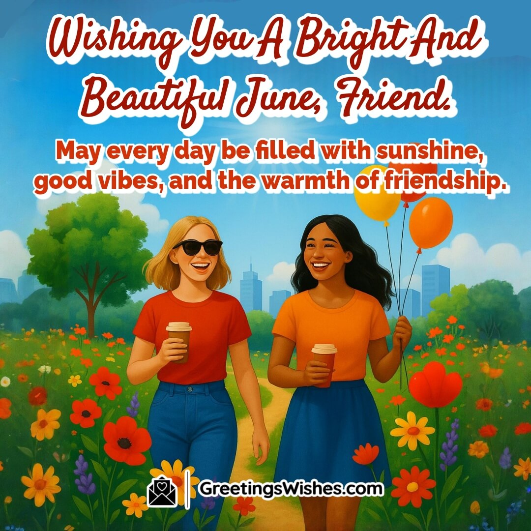 Happy June — two friends enjoying a bright day in a vivid garden, reflecting cheerful energy, friendship, and the vibrant spirit of June.