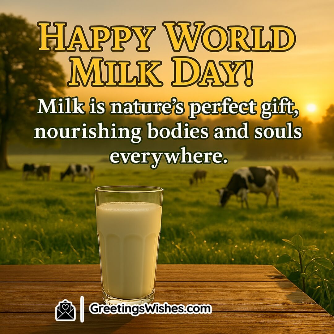 World Milk Day featuring a countryside sunrise with a glass of milk on a wooden table, symbolizing purity, nourishment, and the freshness of nature’s gift.