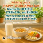 World Milk Day featuring a fresh breakfast table with milk and fruits symbolizing health, strength, and energy.