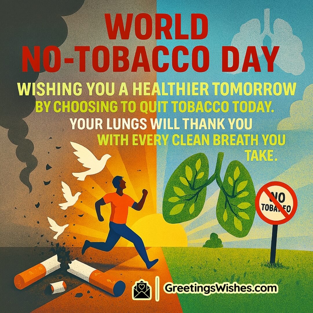 World No-Tobacco Day featuring healthy lungs, clean skies, and a joyful person, symbolizing the health benefits and hope that come with quitting tobacco.