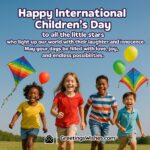International Children’s Day featuring children playing in a colorful field, symbolizing a heartfelt message of laughter, innocence, and endless possibilities.