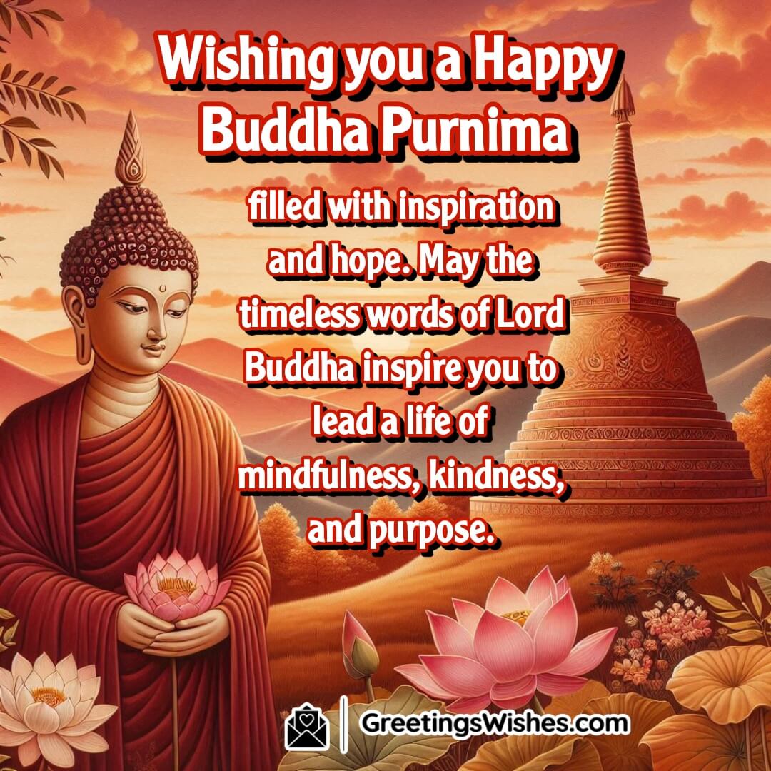 Buddha Purnima with a standing Buddha near a hillside stupa at sunset. Symbolizing hope, mindfulness, and purpose.
