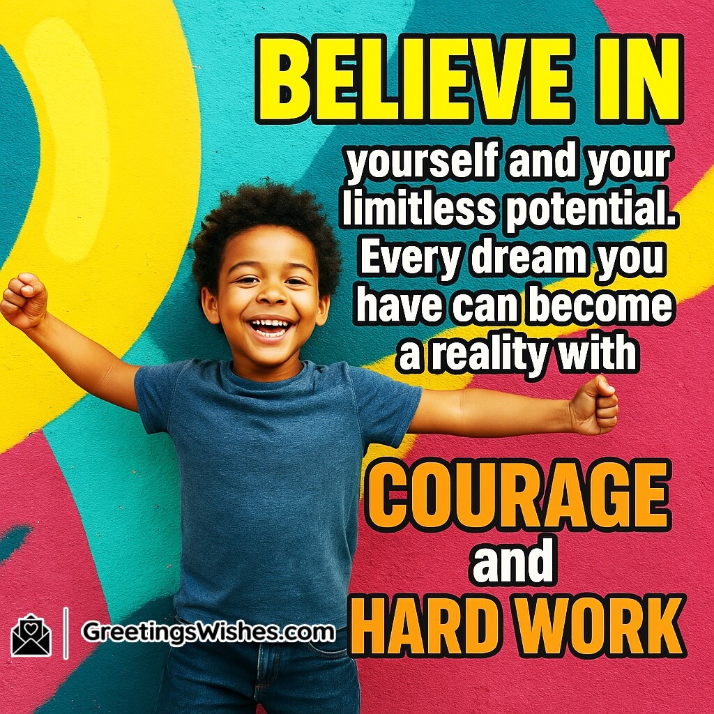 International Children’s Day featuring a confident child in front of a vibrant colorful wall symbolizing belief courage and hard work.