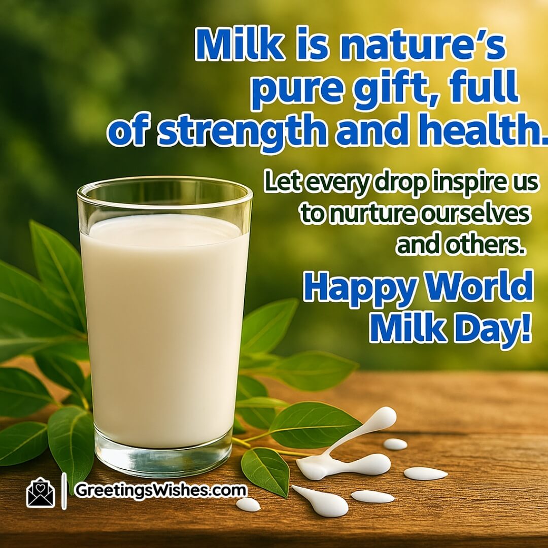 World Milk Day featuring a fresh glass of milk on a wooden table with green foliage, symbolizing purity, strength, and nurturing care.
