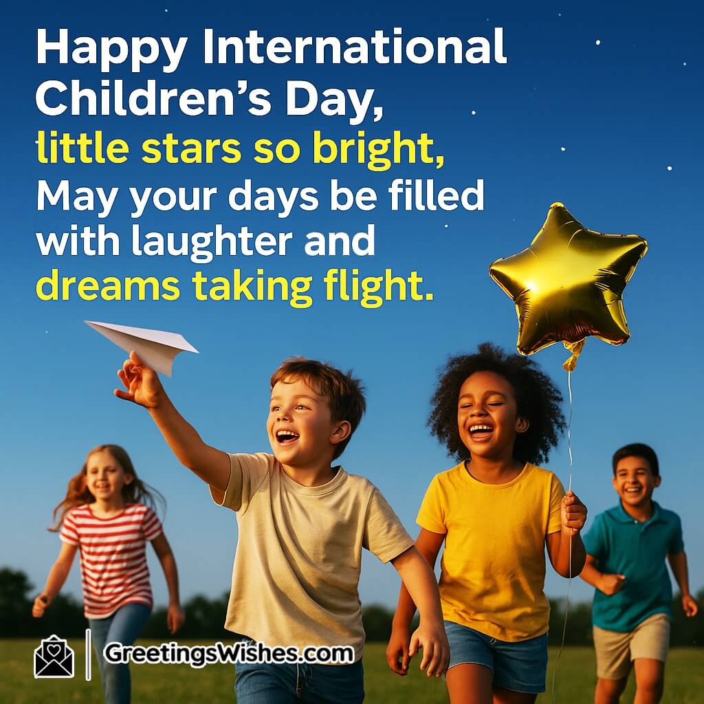 International Children’s Day featuring children playing under a clear twilight sky, symbolizing a poetic message of laughter and dreams.
