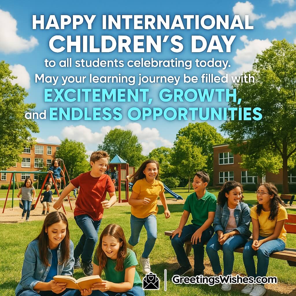 International Children’s Day featuring a vibrant outdoor schoolyard full of joyful students, with an encouraging message about learning, growth, and opportunities.