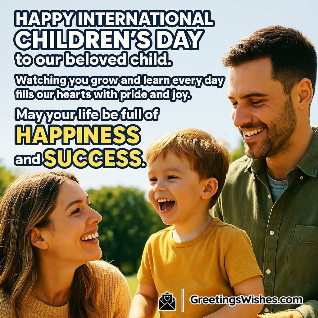 International Children’s Day featuring loving parents watching child outdoors symbolizing pride joy happiness and success