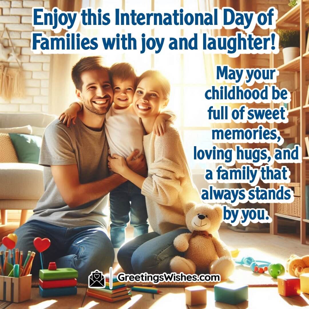 International Day of Families image featuring a joyful child hugging parents, symbolizing sweet childhood memories and family support.