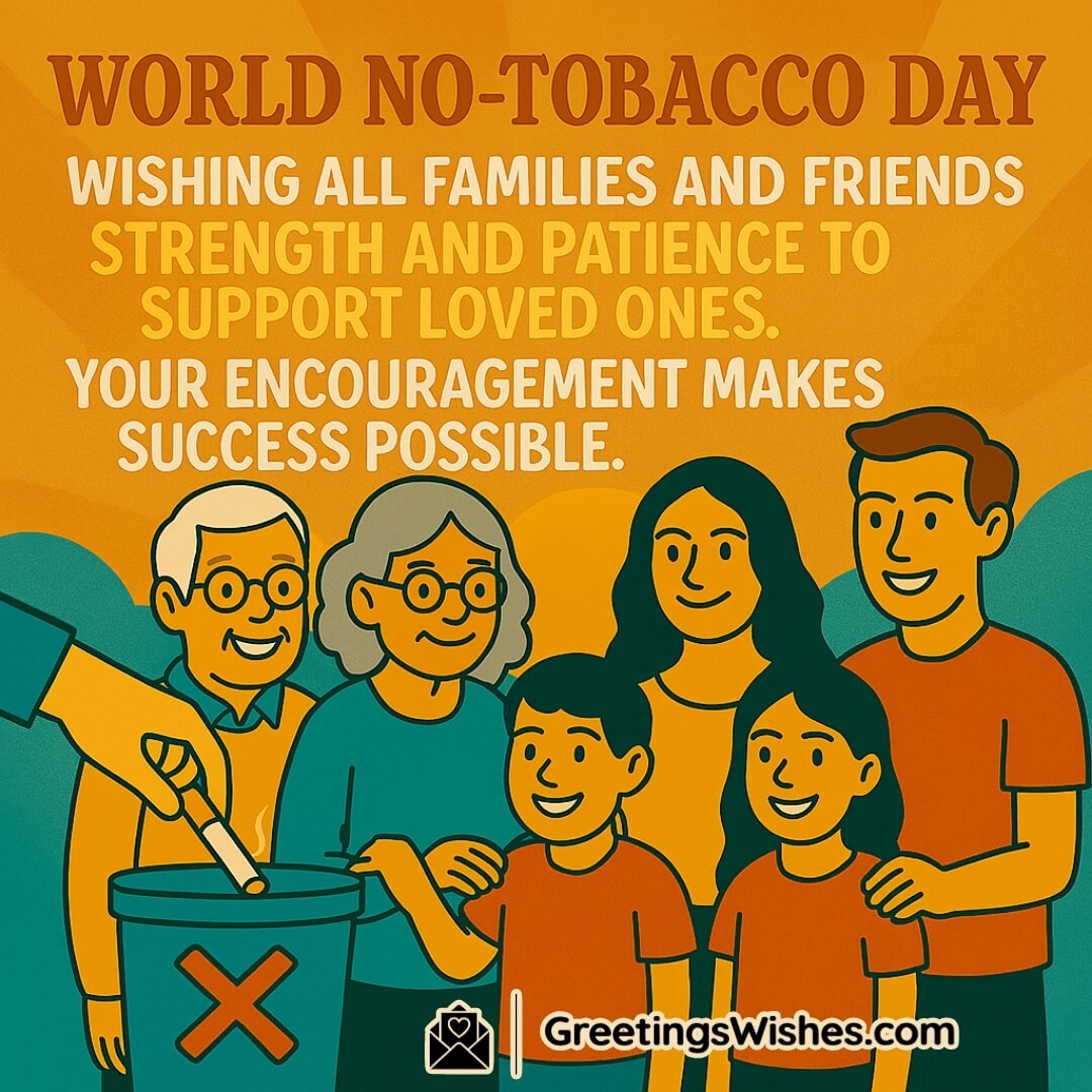 World No-Tobacco Day featuring a united family supporting tobacco quitting, symbolizing strength, love, and the power of encouragement.