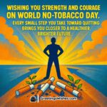 World No-Tobacco Day featuring a powerful sunrise, crushed cigarettes, and a bold figure moving forward, symbolizing courage, progress, and a healthy future.