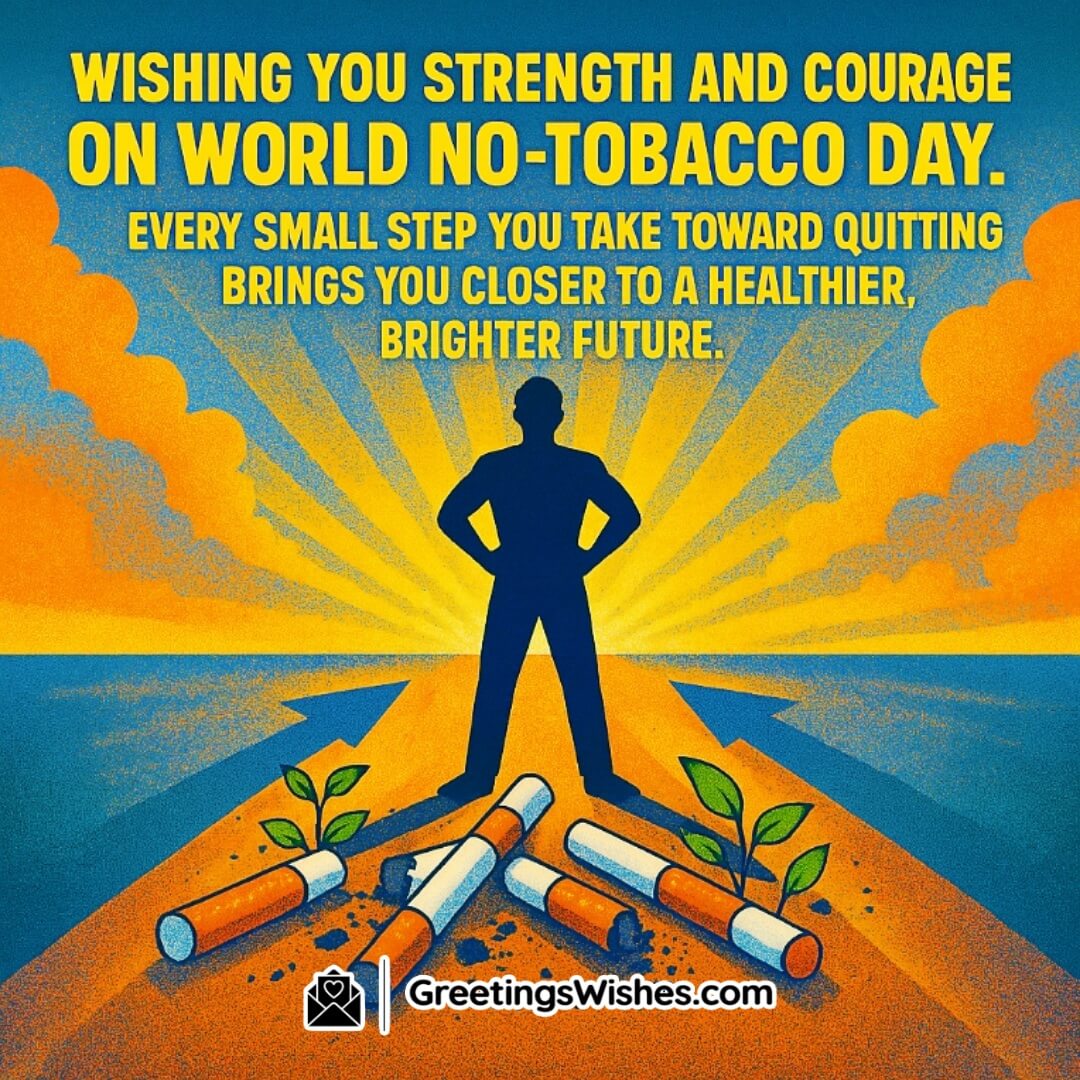World No-Tobacco Day featuring a powerful sunrise, crushed cigarettes, and a bold figure moving forward, symbolizing courage, progress, and a healthy future.