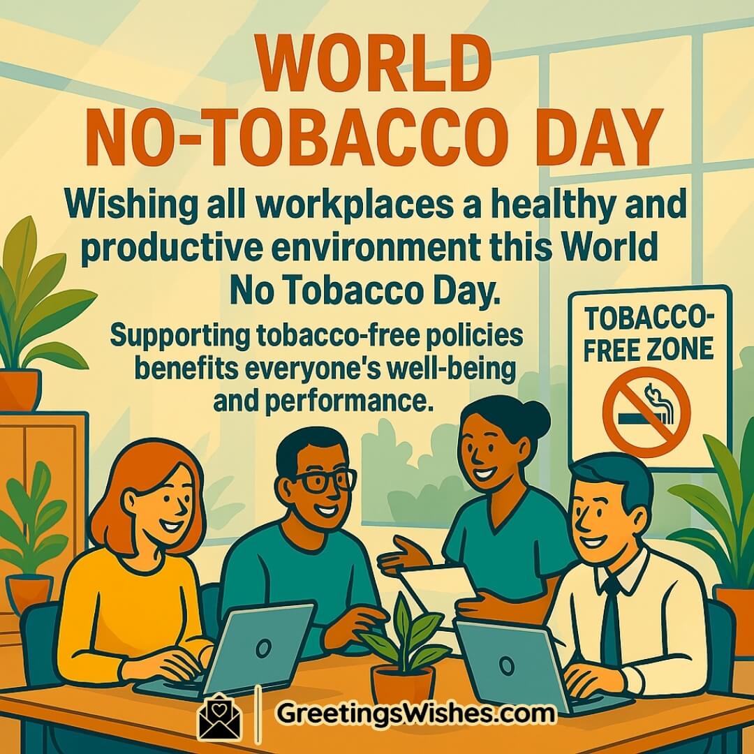 World No-Tobacco Day featuring a bright, healthy office workspace with professionals and a tobacco-free zone sign, symbolizing a productive, wellness-driven work culture.
