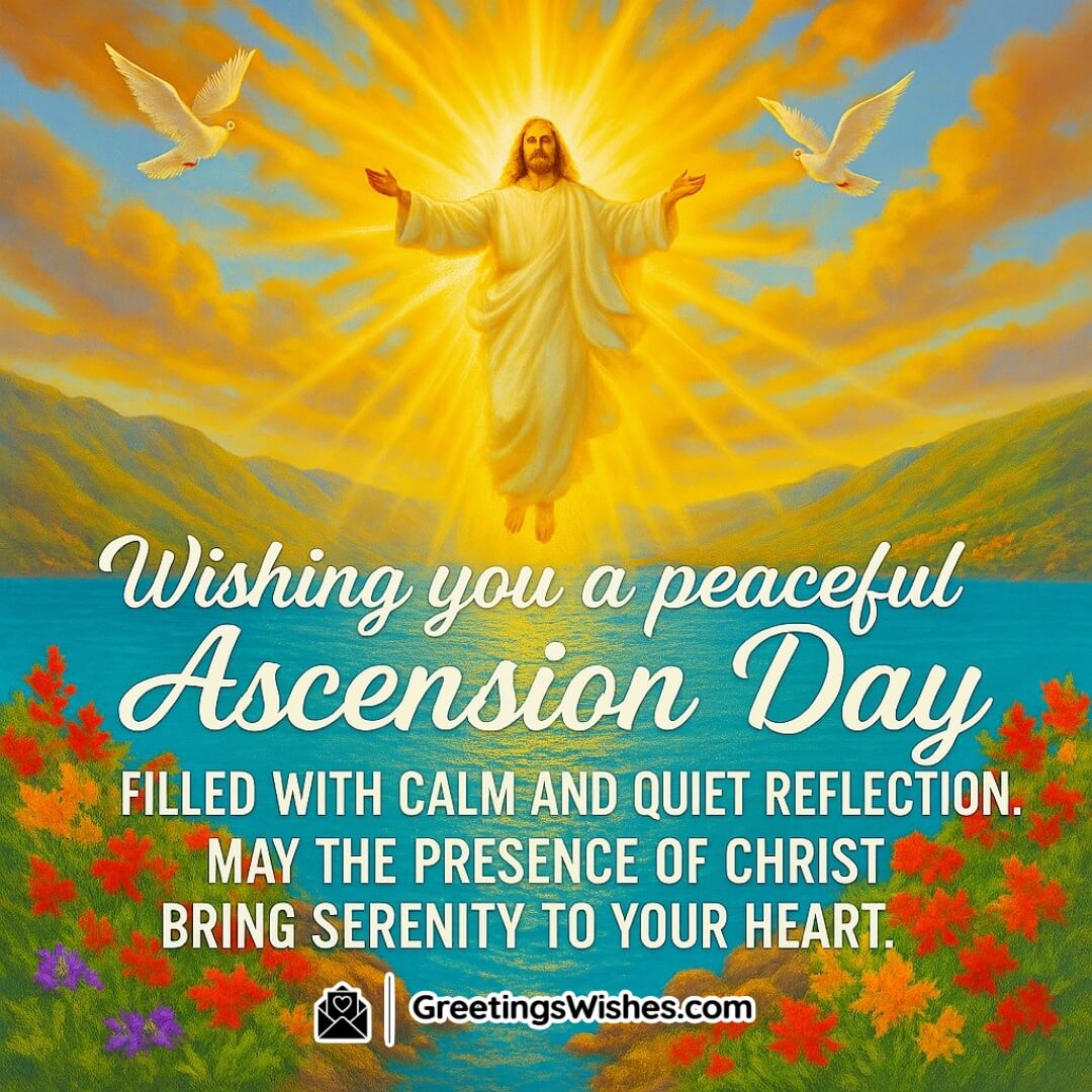 Ascension Day featuring a bright lake scene with golden sky and Christ ascending, symbolizing bold reflection, divine presence, and spiritual serenity.