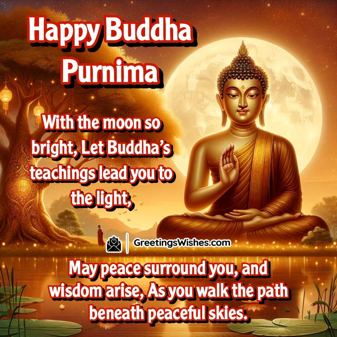 Buddha Purnima image showing a large meditating Buddha under a moonlit Bodhi tree beside a quiet lake, symbolizing divine guidance, peace, and wisdom.