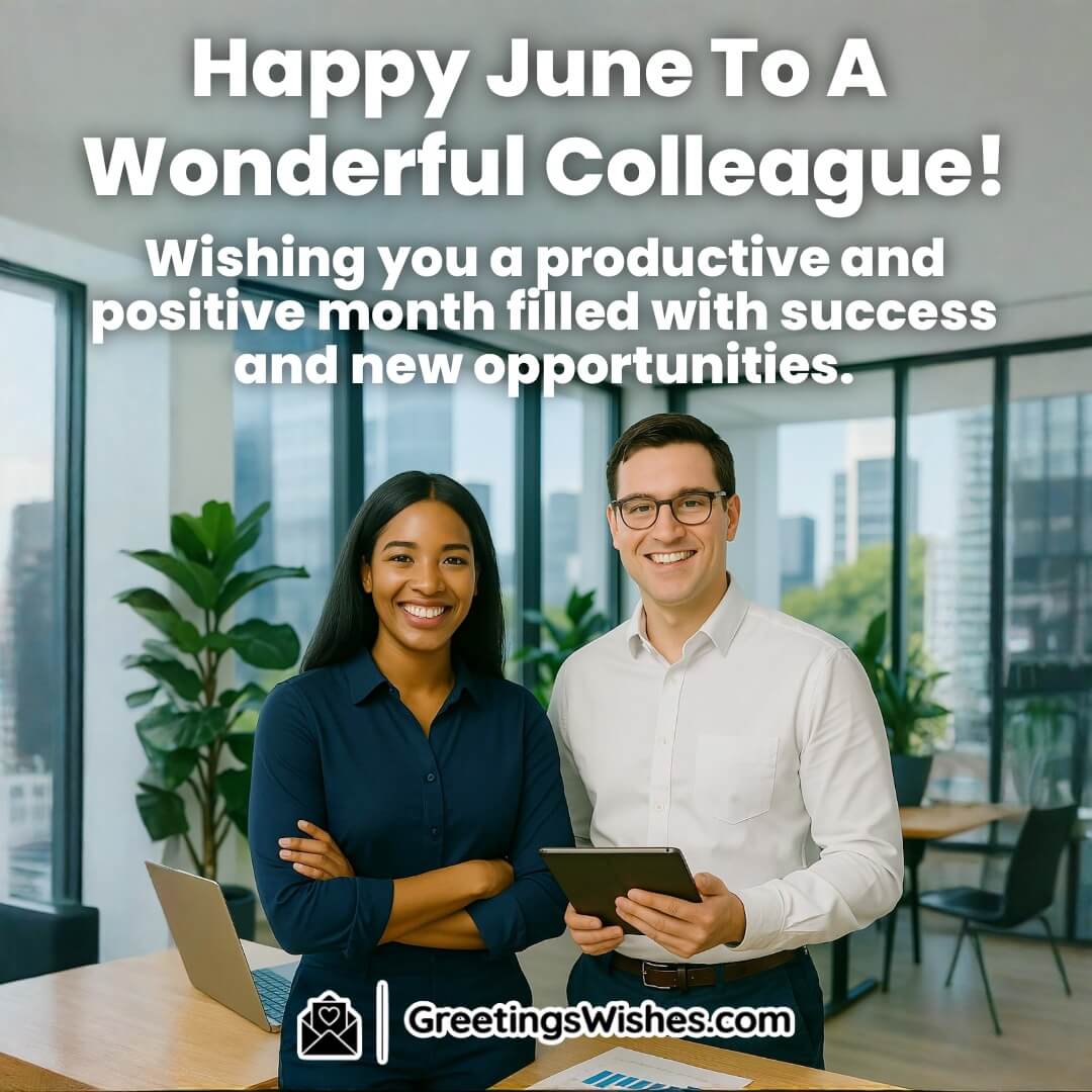 Happy June — realistic image of two smiling colleagues in a bright, modern office, symbolizing teamwork, fresh starts, and professional growth.