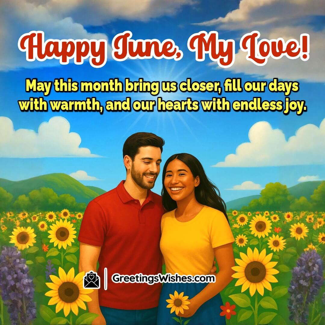 Happy June — a romantic couple sharing a joyful moment in a vibrant landscape, symbolizing love, togetherness, and the colorful spirit of June.