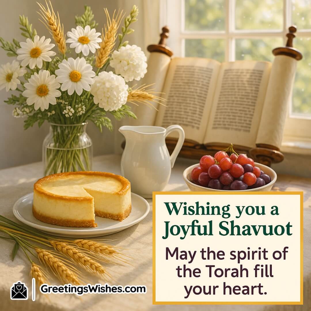 Shavuot image featuring a bright festive table near a sunlit window, decorated with traditional dairy foods, white flowers, wheat stalks, and an open Torah scroll, symbolizing peace, celebration, and spiritual blessing.