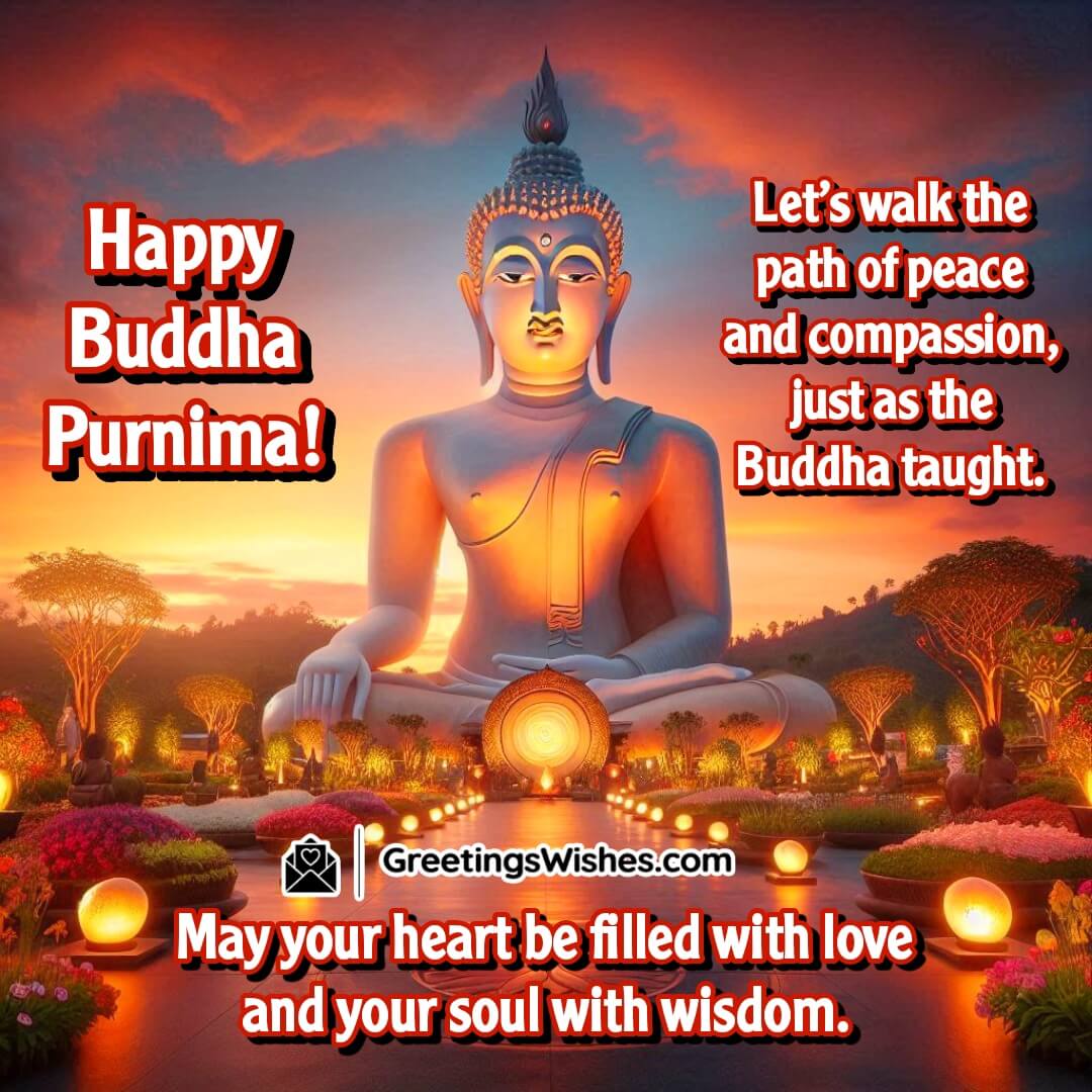 Buddha Purnima image showing a large glowing Buddha in a richly colored garden at sunset, symbolizing peace, loving wisdom, and spiritual presence.