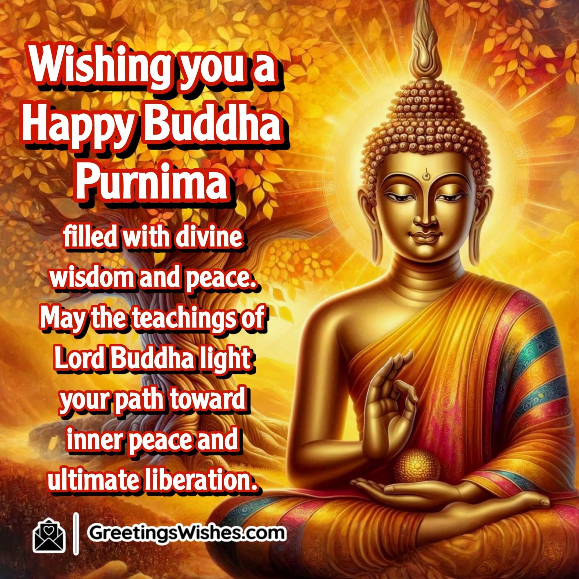 Buddha Purnima with a meditating Buddha under a golden Bodhi tree. Symbolizing wisdom, peace, and inner liberation.