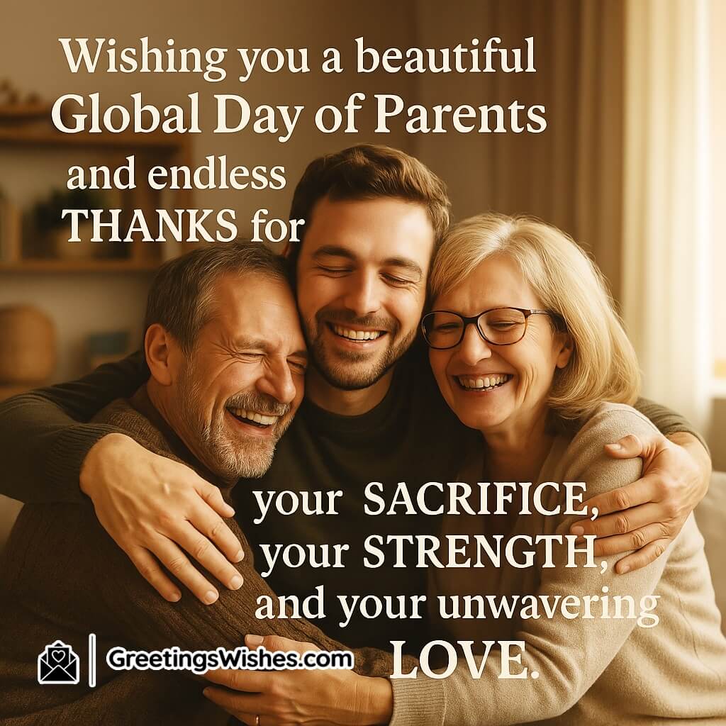 Global Day of Parents image featuring parents and their grown child sharing a warm embrace in a sunlit home, symbolizing deep gratitude, sacrifice, strength, and unconditional love.