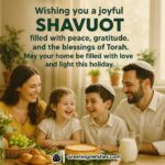 Shavuot image featuring a joyful family gathering around a decorated table with traditional foods, symbolizing peace, gratitude, and Torah blessings.