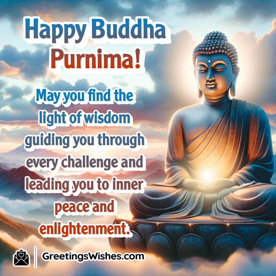 Buddha Purnima image showing a seated Buddha on a mountaintop with sunrise, symbolizing wisdom, enlightenment, and inner peace.