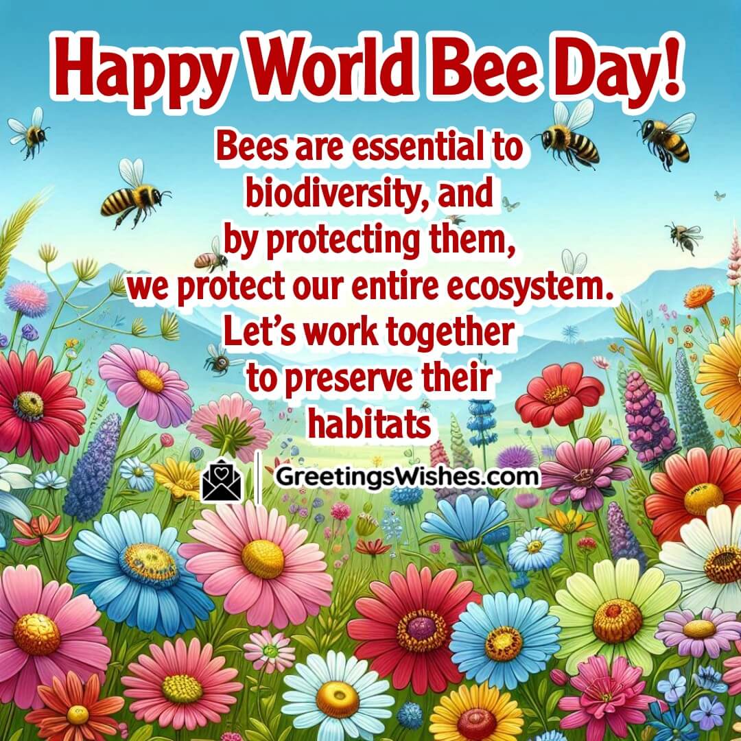 World Bee Day image featuring bees in a diverse meadow, symbolizing biodiversity and ecosystem preservation.