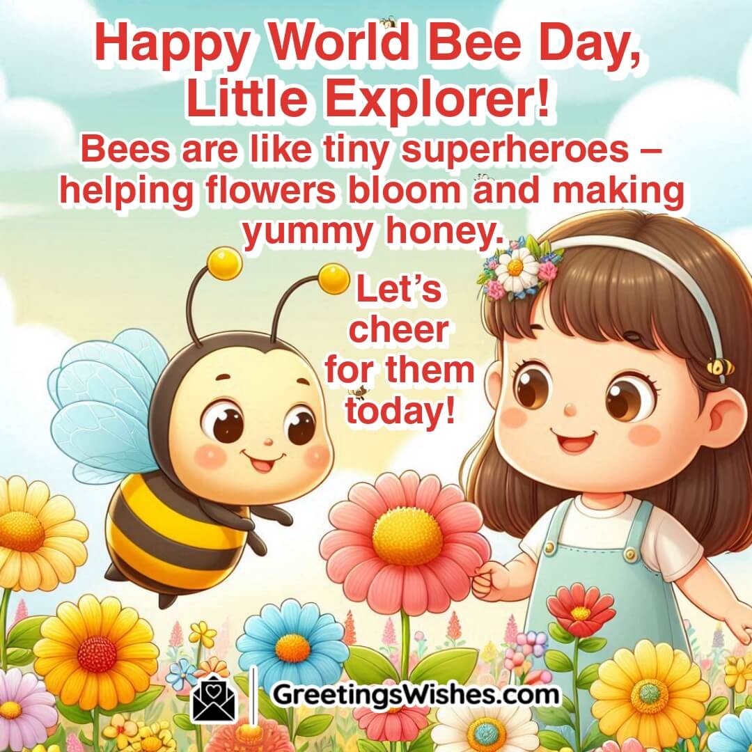 World Bee Day image featuring a child and bees in a colorful field, symbolizing learning, wonder, and nature appreciation.