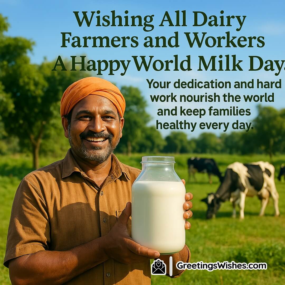 World Milk Day featuring a joyful Indian dairy farmer with milk containers in a green pasture, symbolizing dedication, nourishment, and the hard work behind every drop of milk.