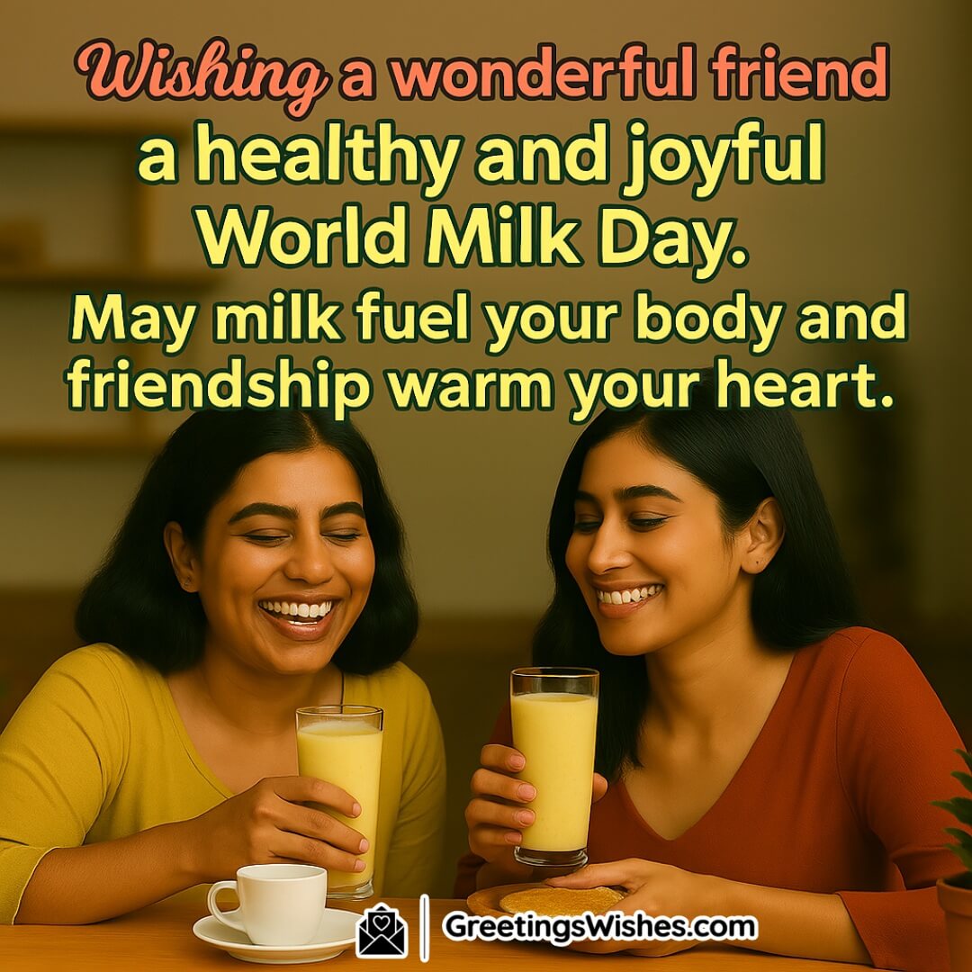 World Milk Day featuring two cheerful Indian friends at a cozy café, enjoying milk together and symbolizing warmth, energy, and the nourishment of joyful friendship.
