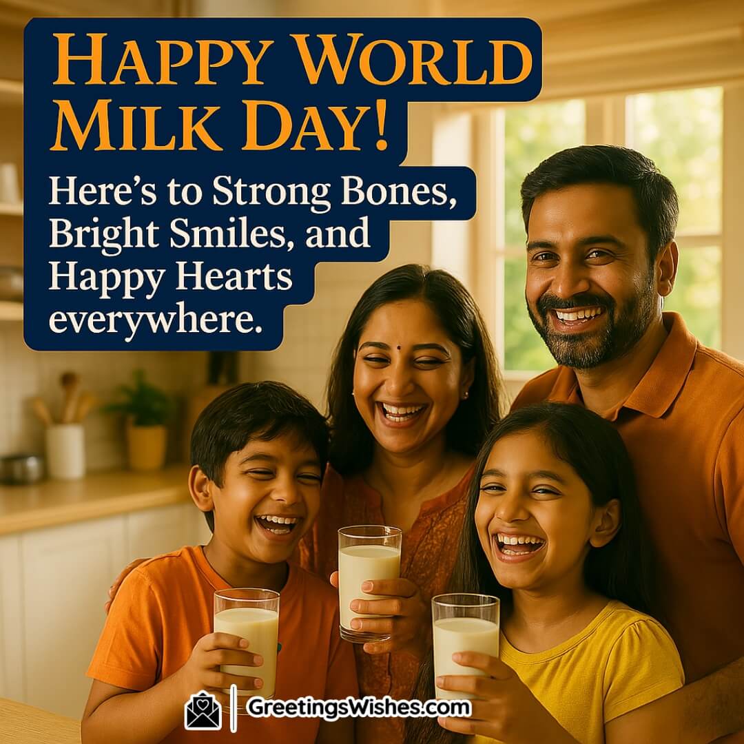 World Milk Day featuring a happy Indian family enjoying glasses of milk in a sunny kitchen, symbolizing health, joy, and strong bonds.