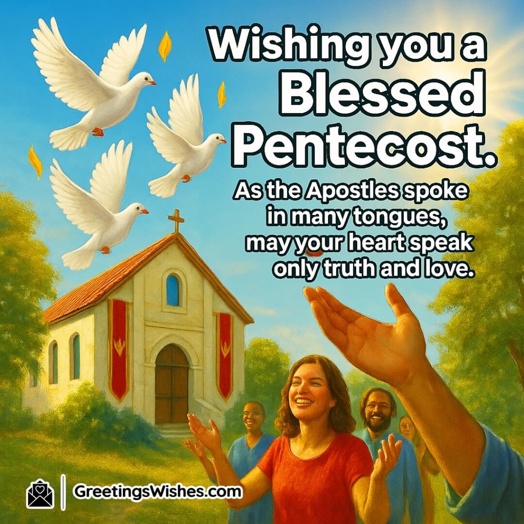 Pentecost with vibrant sky, glowing doves, decorated chapel, and golden flames — Symbolizing truth, love, and the Holy Spirit’s joyful descent.