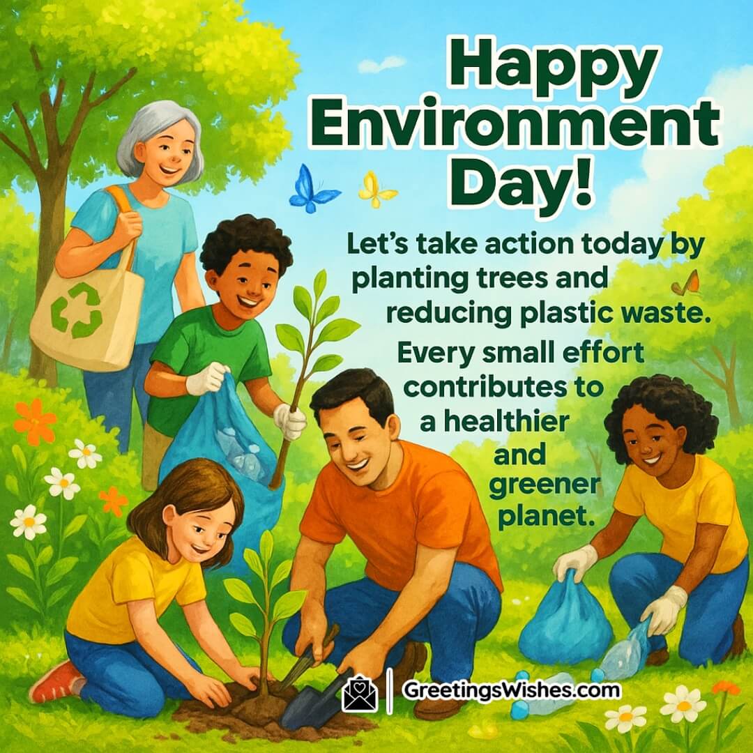 Happy Environment Day featuring joyful families planting trees and removing plastic waste in a sunny park, symbolizing everyday actions for a greener future.